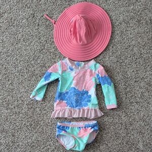 Ruffle Butts Pink and Blue Floral Swim Rashguard Set